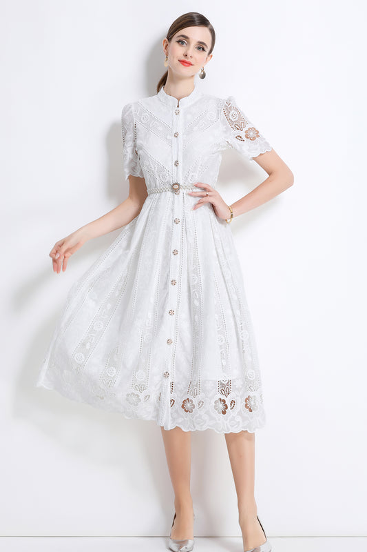 Women's  Hollow Out Short Sleeve Lace Midi Dress