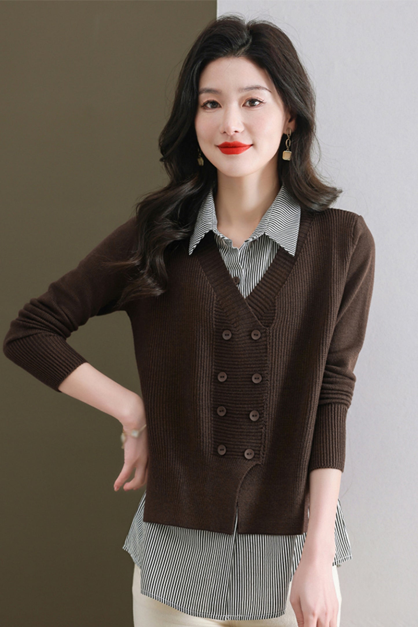 Women's Casual Patchwork Shirt Collar Long Sleeve Cotton Pullover Tops - LAI MENG FIVE CATS