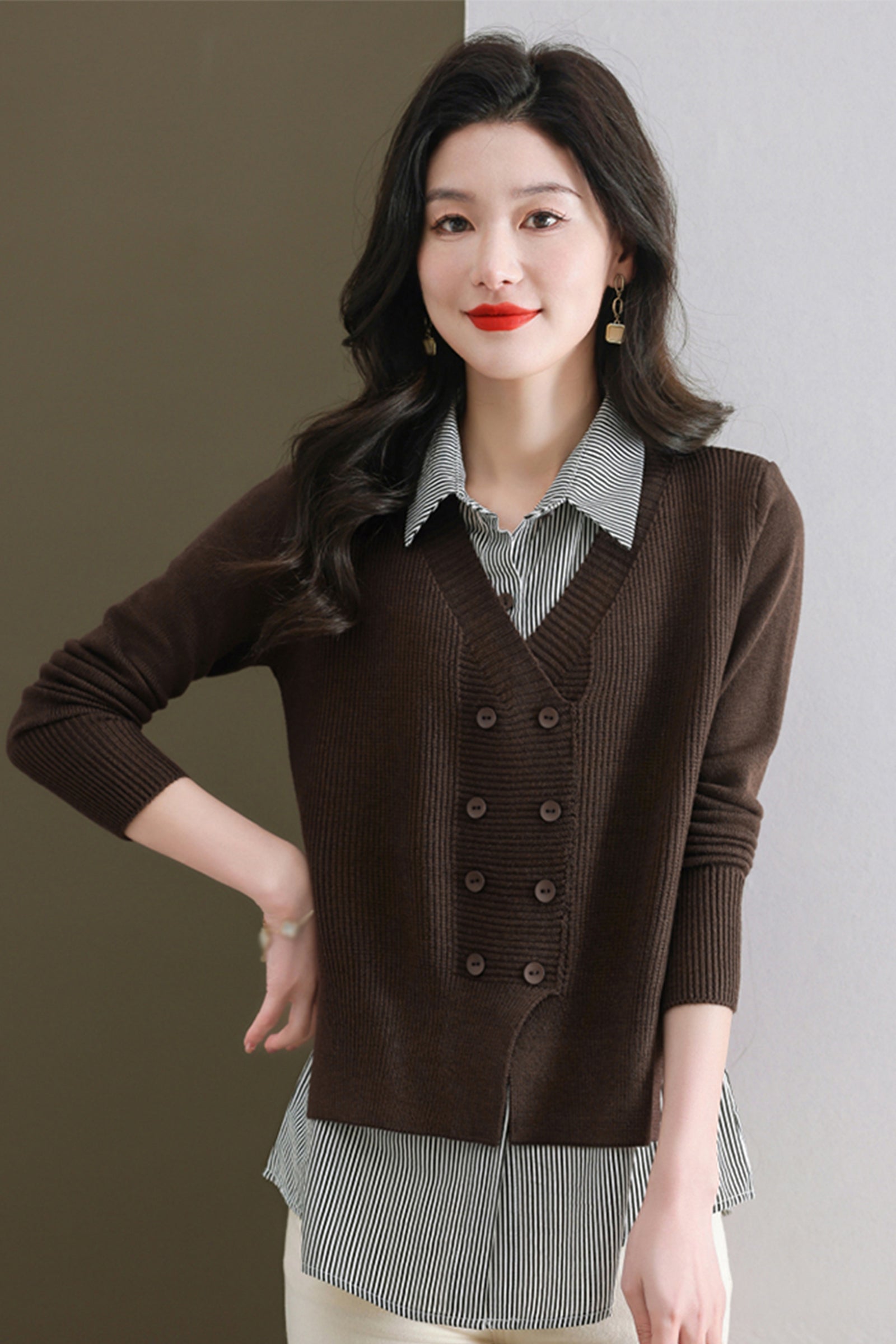 Women's Casual Patchwork Shirt Collar Long Sleeve Cotton Pullover Tops - LAI MENG FIVE CATS