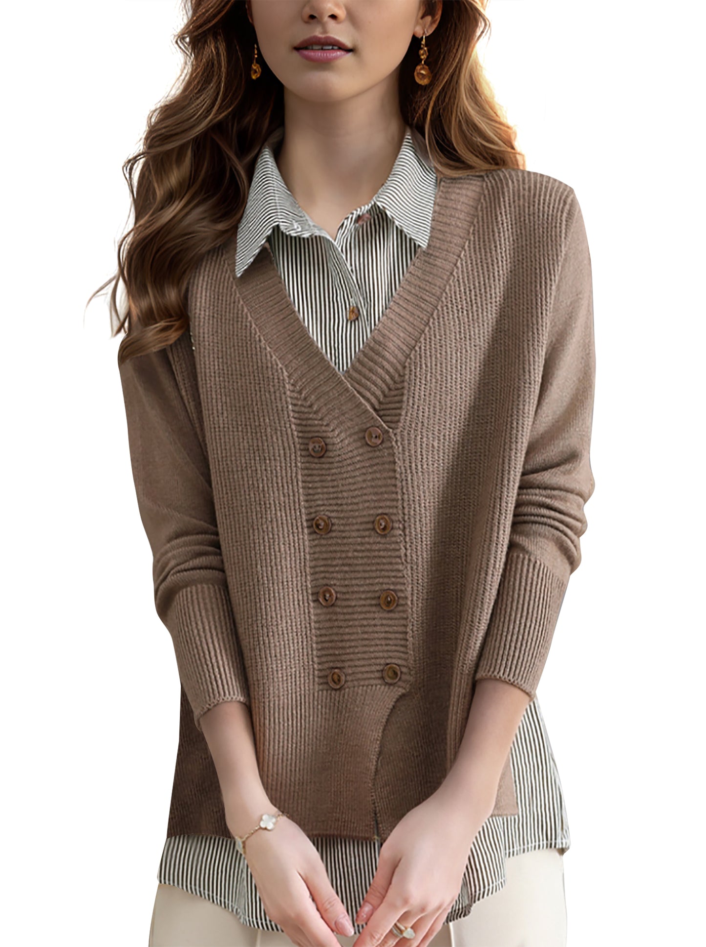 Women's Casual Patchwork Shirt Collar Long Sleeve Cotton Pullover Tops - LAI MENG FIVE CATS