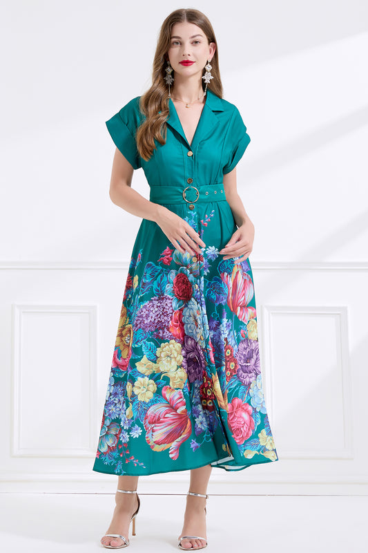 Women's Lapel V-Neck Floral Print Maxi Dress