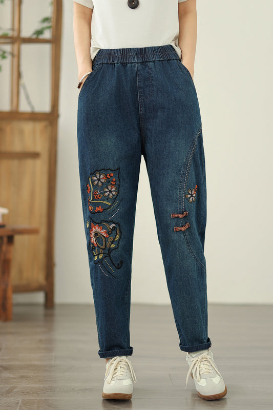 Women's Elastic Waist Embroidery Denim Jeans Pants