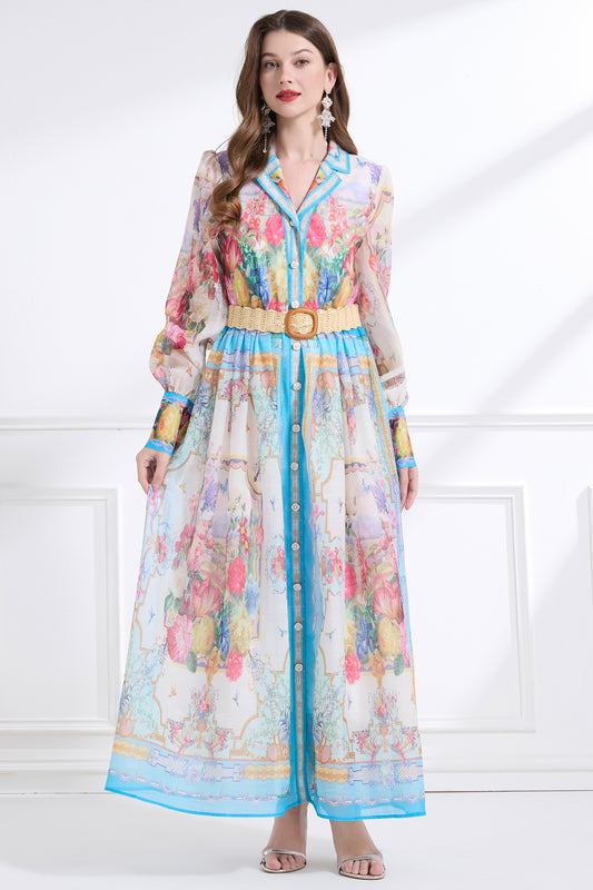 Women's Floral Print V Neck Puff Sleeve Maxi Dress