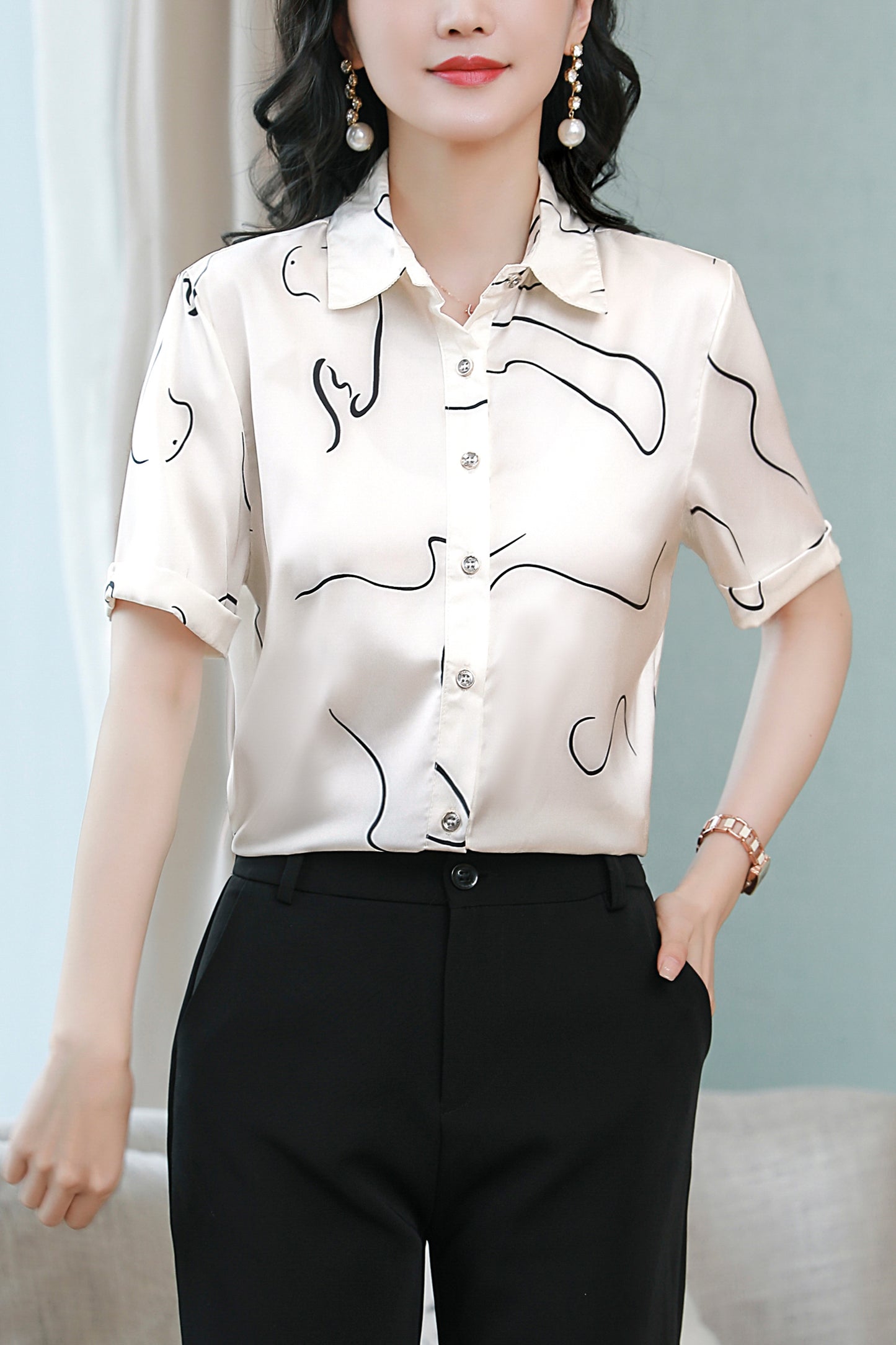 Women's Stain Floral Print Blouse Short Sleeve Tops
