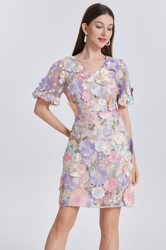 Women's 3D Floral Embroidery Tulle Lace Mesh Mini Dress