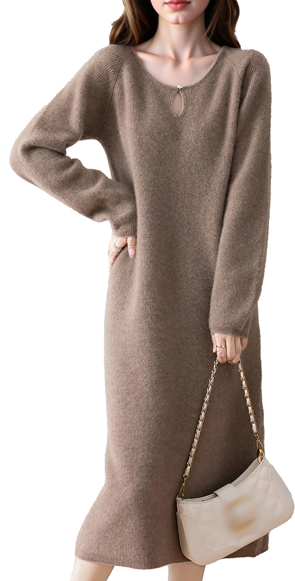 Ribbed Knit Midi Dress — Keyhole Neckline & Soft Relaxed Fit