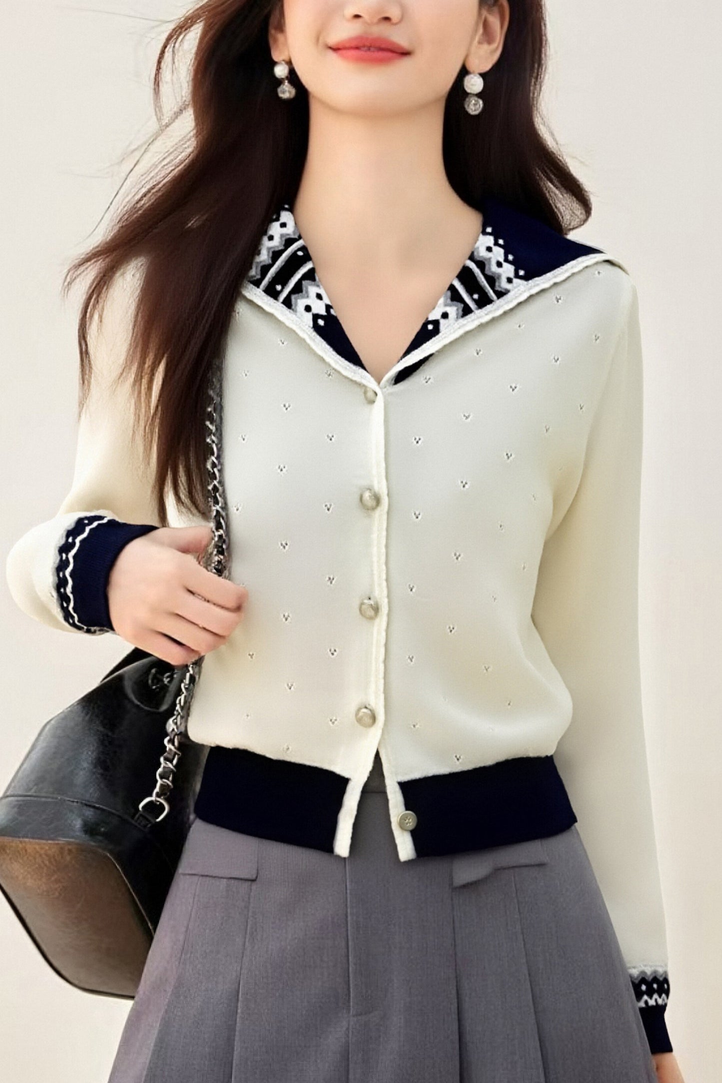 Women's Sailor Collar Long Sleeve Stripe Cardigan Sweater