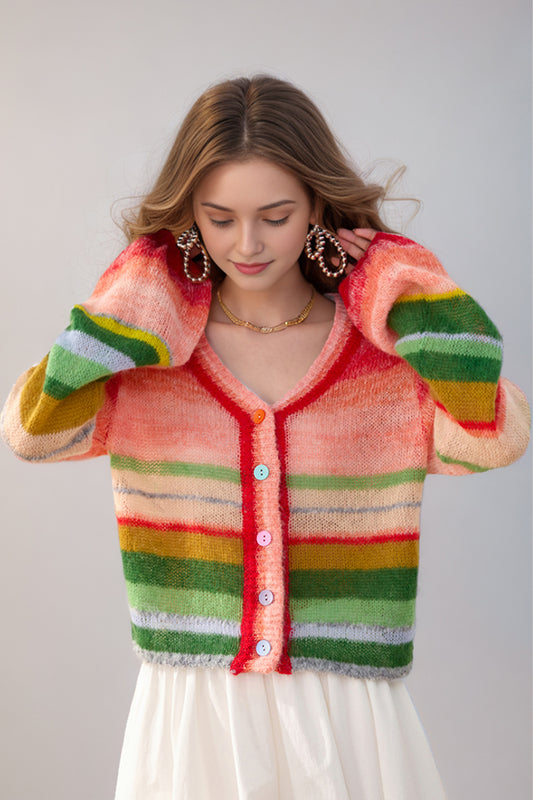 SD-Balloon Sleeve Striped Cardigan - LAI MENG FIVE CATS