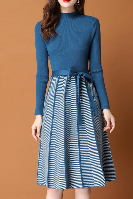 BK-Long Sleeve Sweater Stripes Pullover Midi Dress - LAI MENG FIVE CATS
