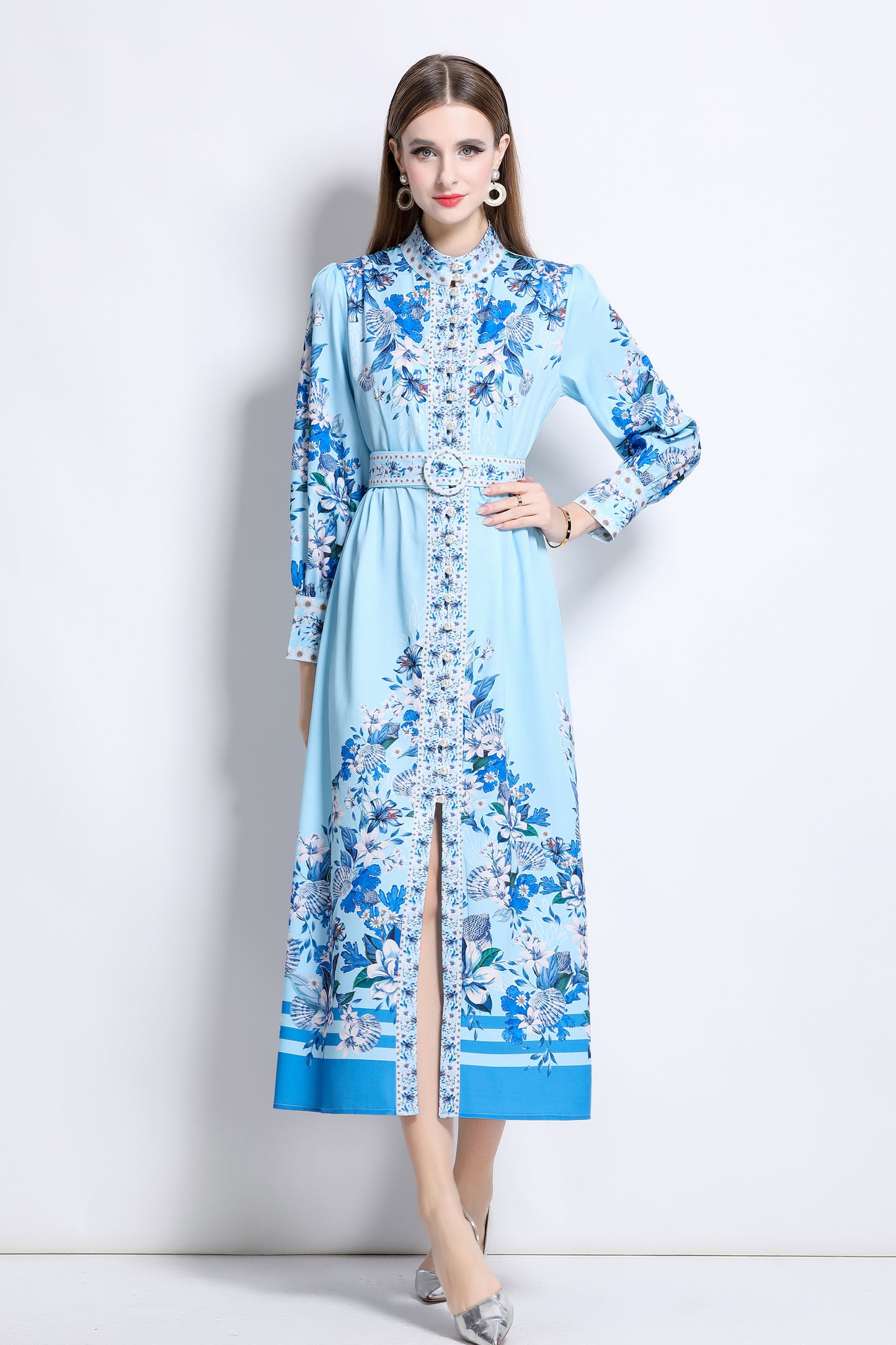 Women‘s Floral Print Button Up Split Maxi Dress