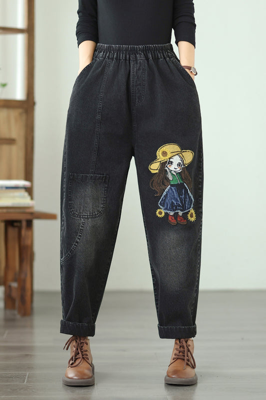 Women Jeans Denim Pants Elastic Waist