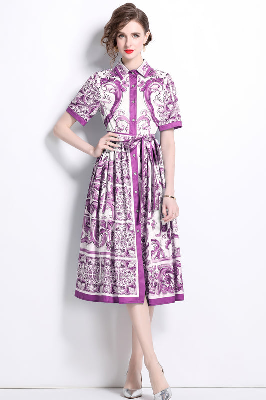 Women's  Short Sleeve Collar Print Midi Dress