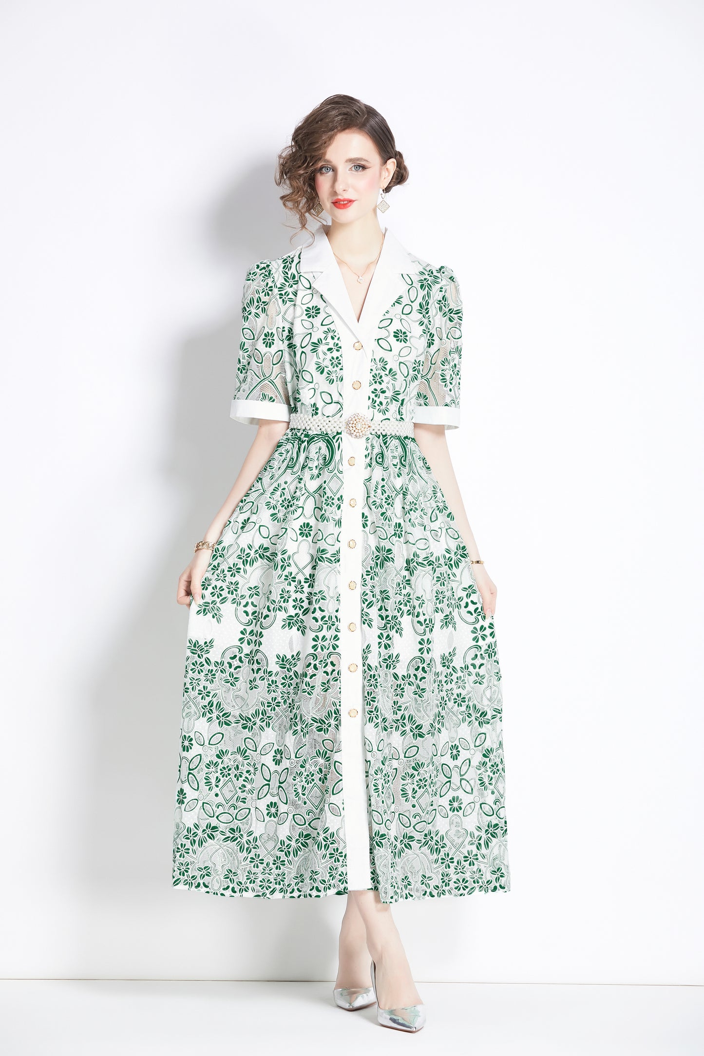 Women's Mesh Embroidery V-Neck Lace Maxi Dress