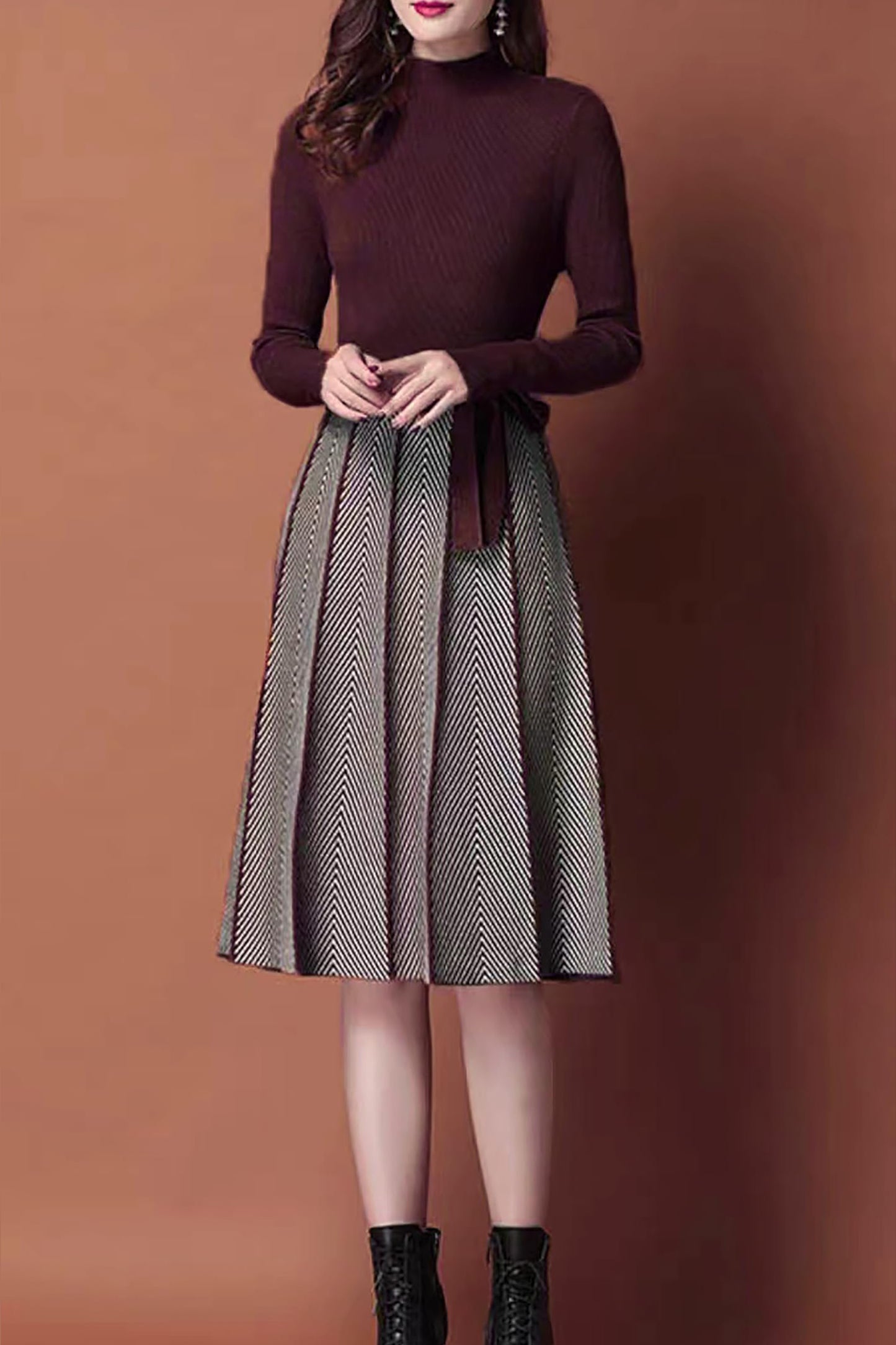 BK-Long Sleeve Sweater Stripes Pullover Midi Dress - LAI MENG FIVE CATS