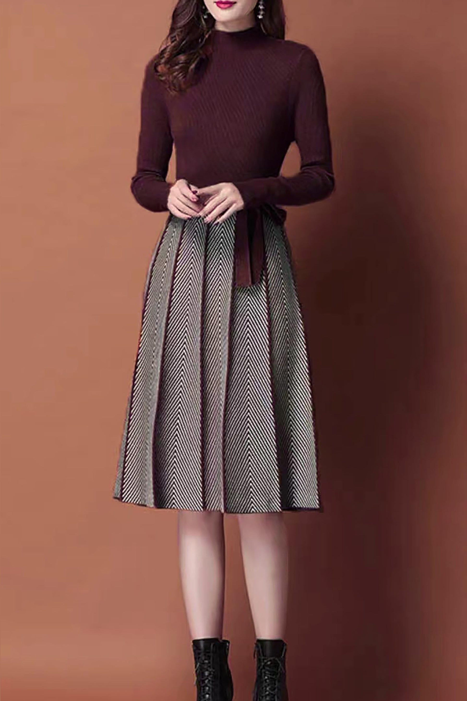 BK-Long Sleeve Sweater Stripes Pullover Midi Dress - LAI MENG FIVE CATS