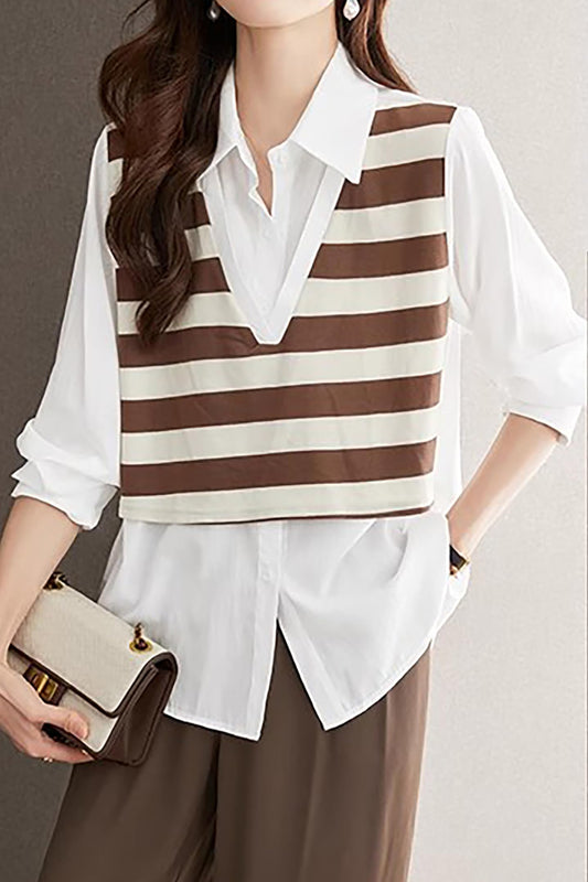 Striped 2 in 1 Knitted Vest Vintage Blouse - LAI MENG FIVE CATS