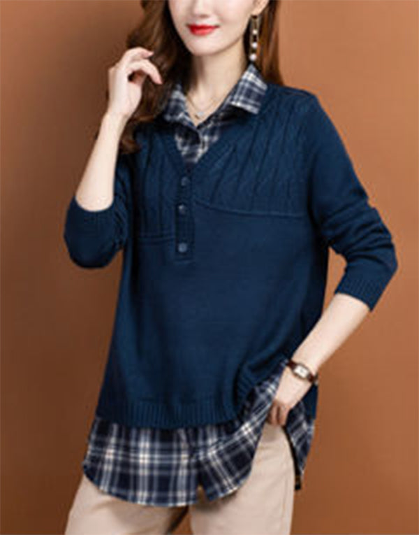 Women's V Neck Plaid Layered Look Knit Pullover Tops