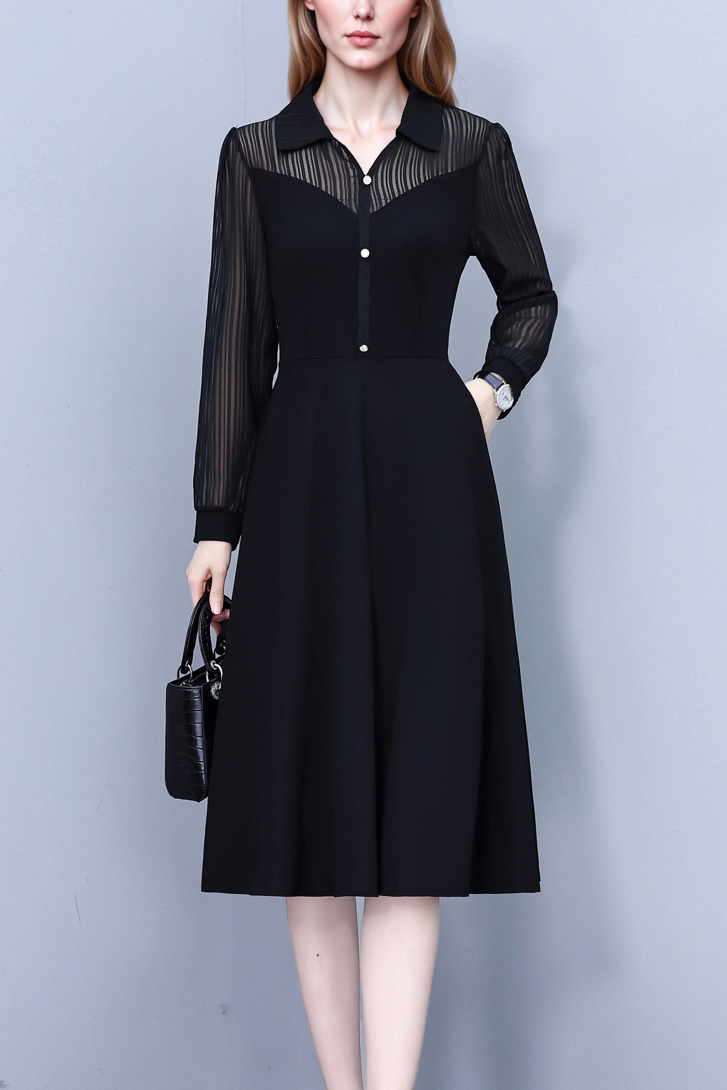 Women's V-Neck Long Sleeve with Pockets Black Dress - LAI MENG FIVE CATS