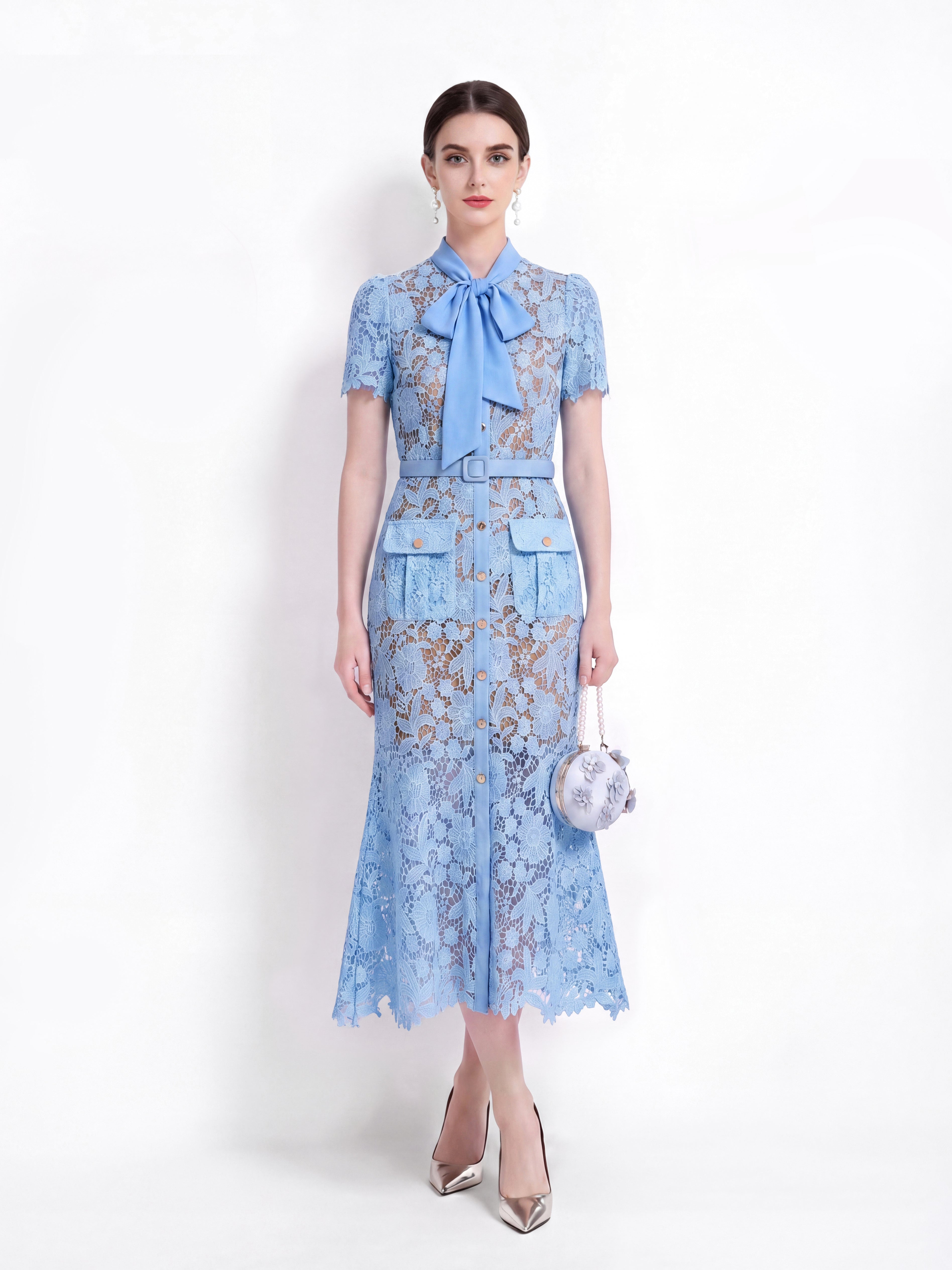 Powder Blue Lace Bow Midi Dress  LAI MENG FIVE CATS