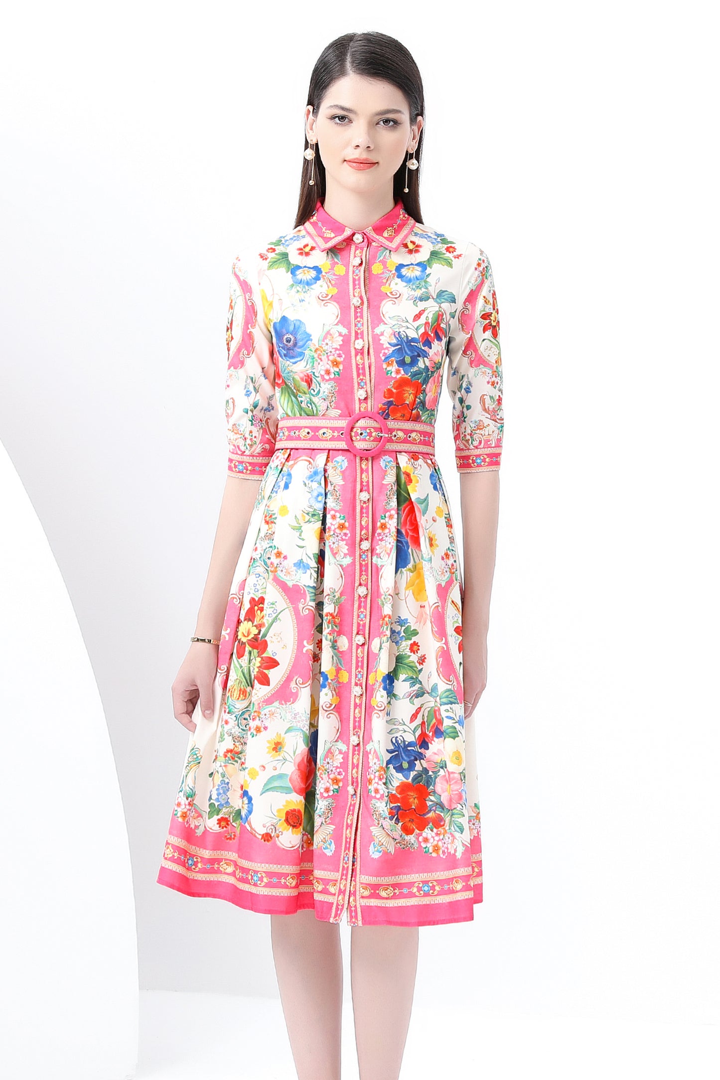 Women's Print Button Collar Short Sleeve Midi Dress