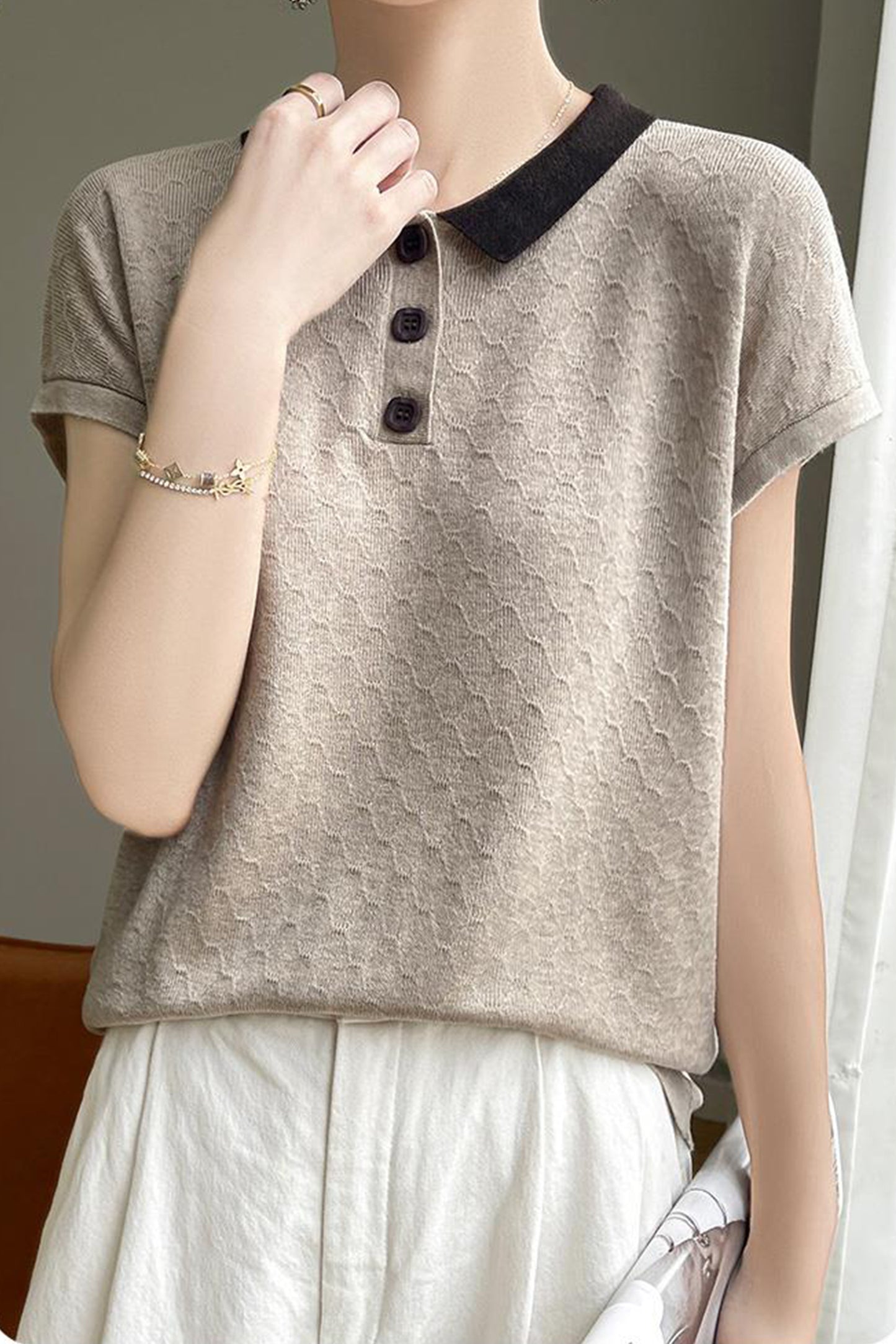 Women's Knit Tops Henley Shirts Color Block Blouse