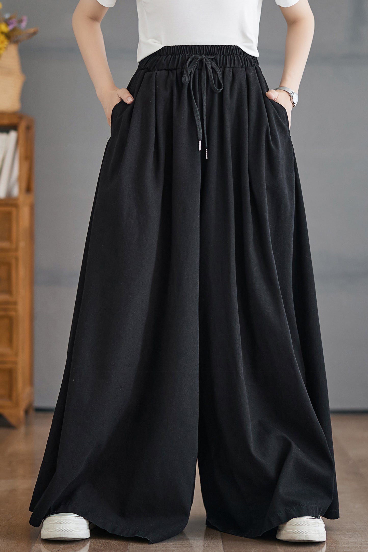 Women's Waisted Drawstring Side Slit Wide Leg Pants