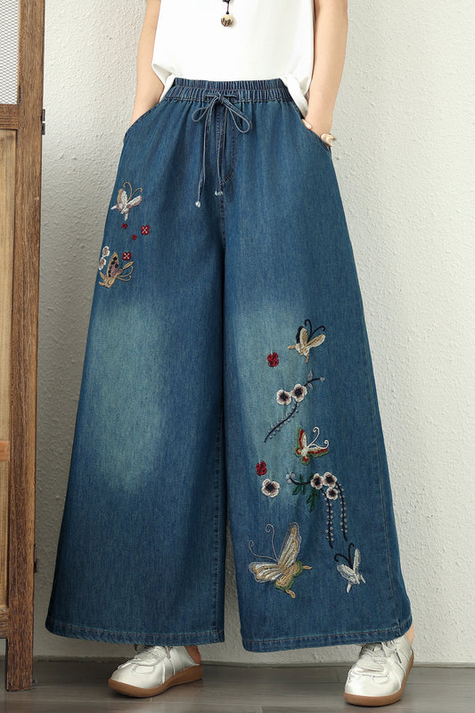 Women's Embroidery Wide Leg Denim Pants