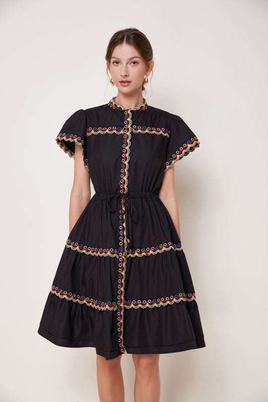 Women's Embroidered Puffed Sleeve Waist Drawstring Mini Dress