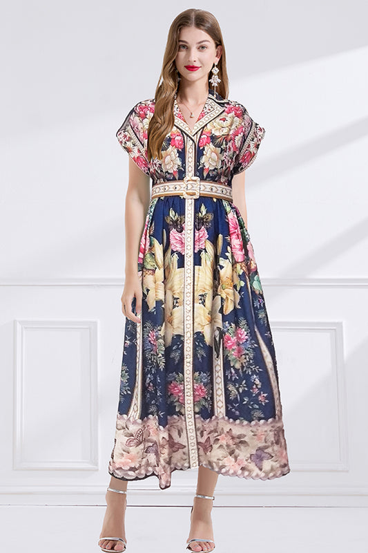 Women's Lapel V-Neck Floral Print Maxi Dress