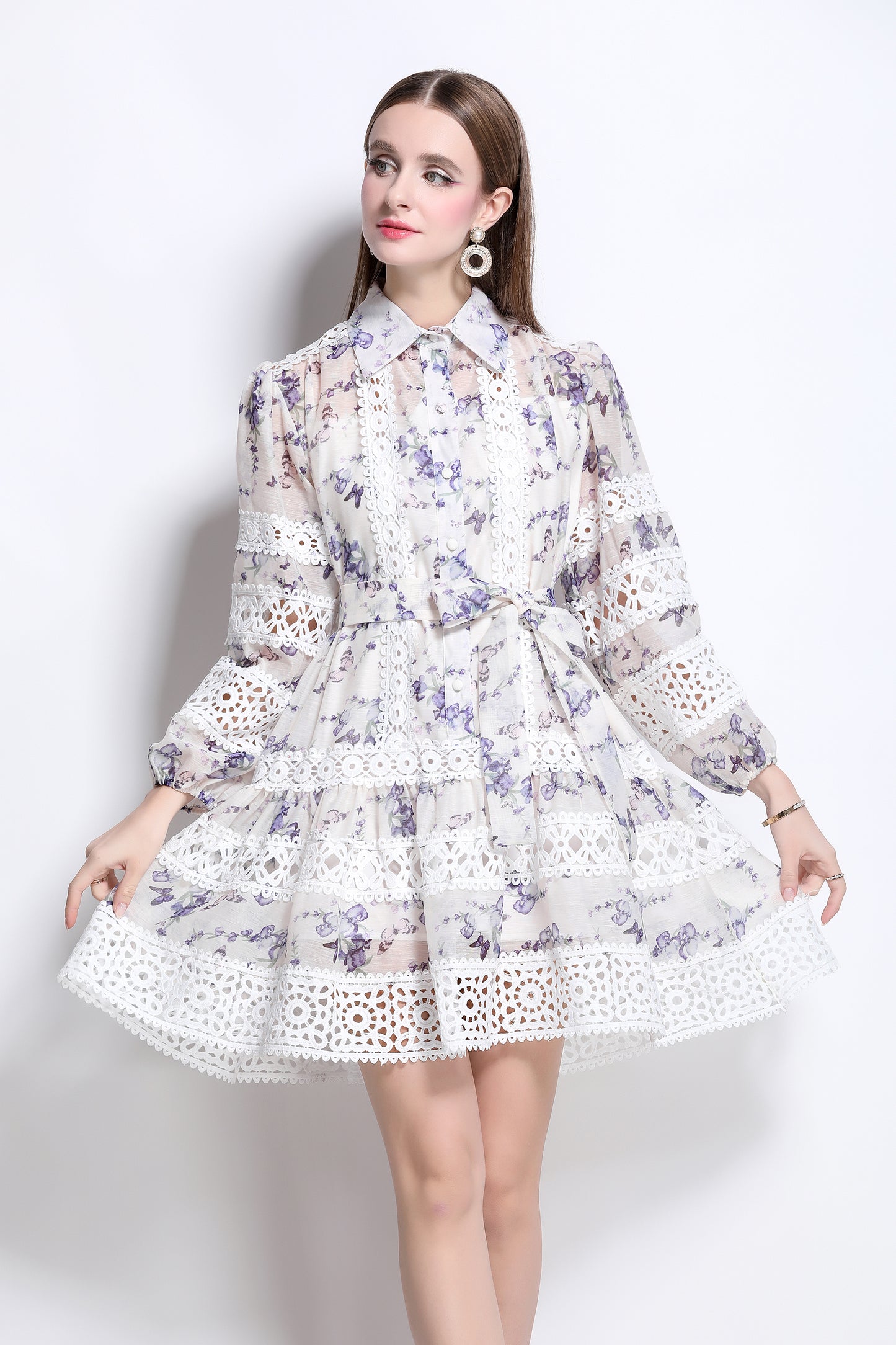 Women's Puff Sleeves Lace Print Hollow Mini Dress