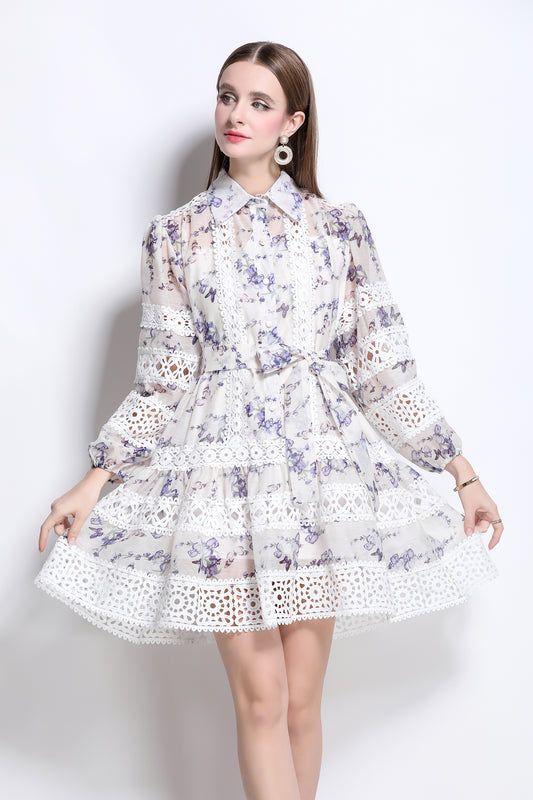 Women's Puff Sleeves Lace Print Hollow Mini Dress