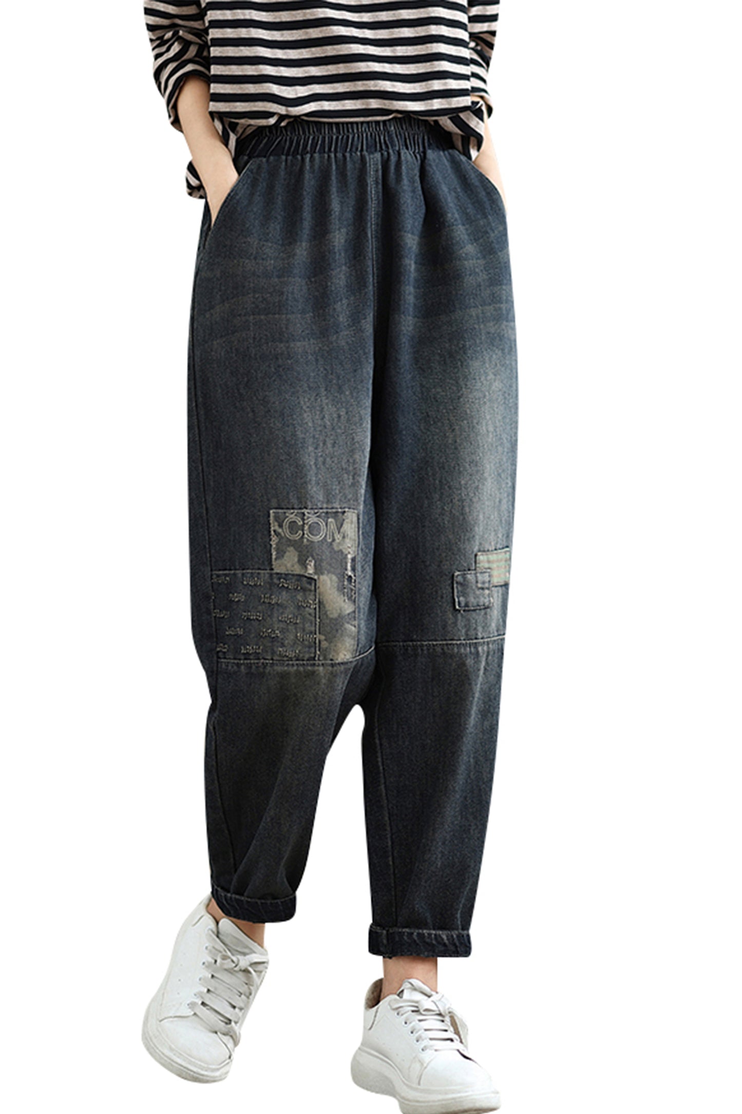 Women's Baggy Jeans Pattern Elastic Waist Casual Harem Pants With Pockets - LAI MENG FIVE CATS