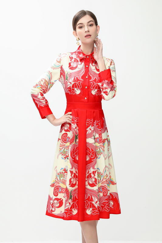 Women's 3/4 Sleeve Floral Print  Midi Dress
