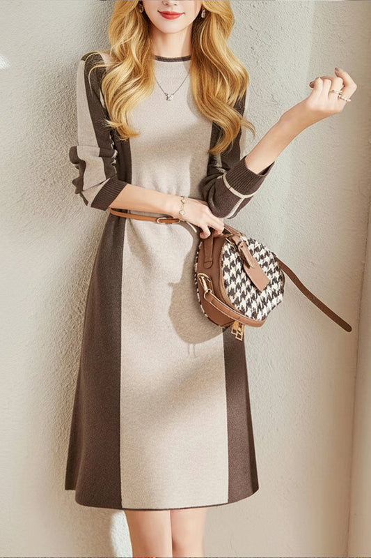 Women's Long Sleeve Sweater Knit Color Block Dress