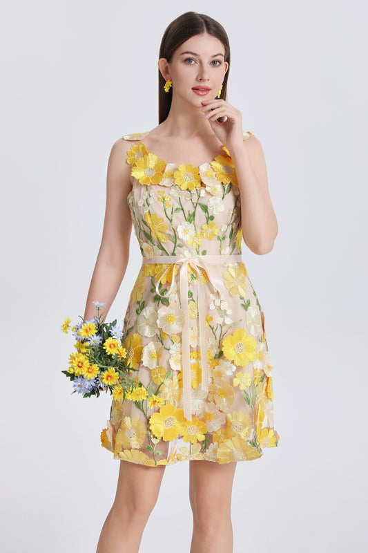 Women's Adjustable Spaghetti Straps 3D Floral Tulle Mini Dress