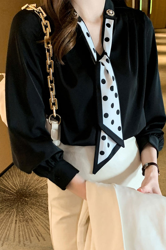 BK-Tie Neck Long Sleeve Shirt Top