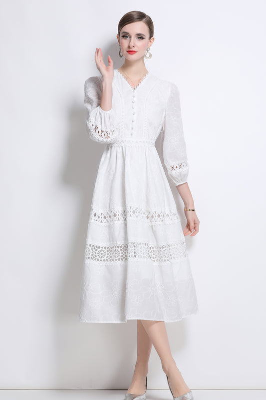 Women's V-Neck Hollow Lace 3/4 Sleeve Midi Dress