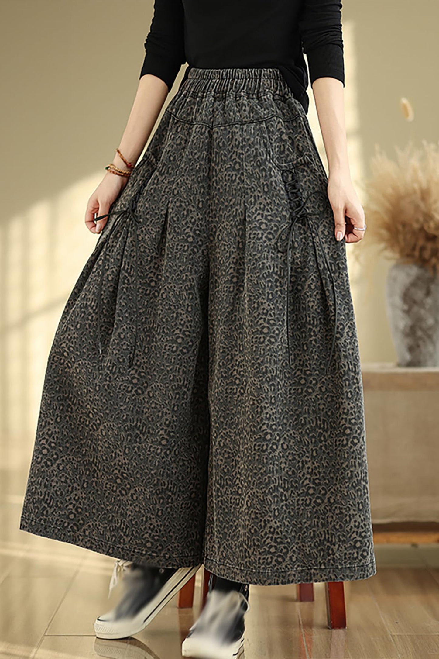 Elastic Waist Double Pocket Wide Leg Trousers