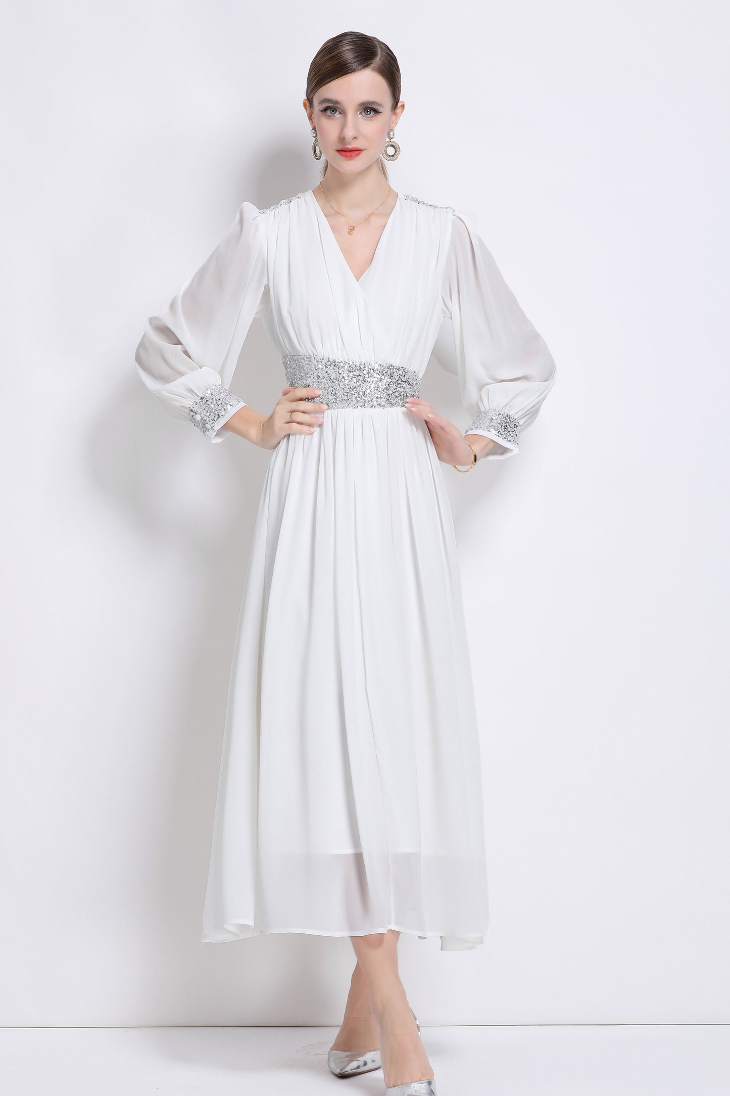 Women's Sequin V-Neck Chiffon Mixi Dresses