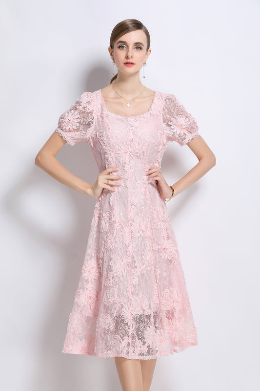 Women's Pearl Square Neck Lace 3D Floral Midi Dress