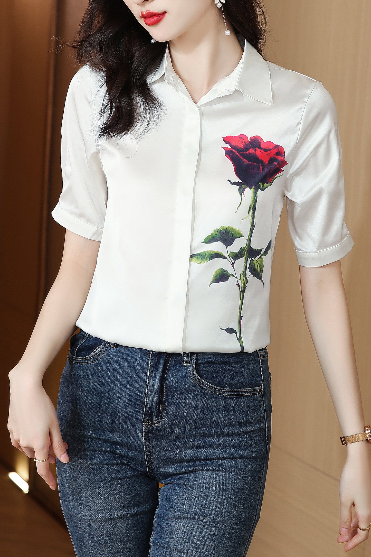 Women's Collared Floral Print Blouse Short Sleeve Tops