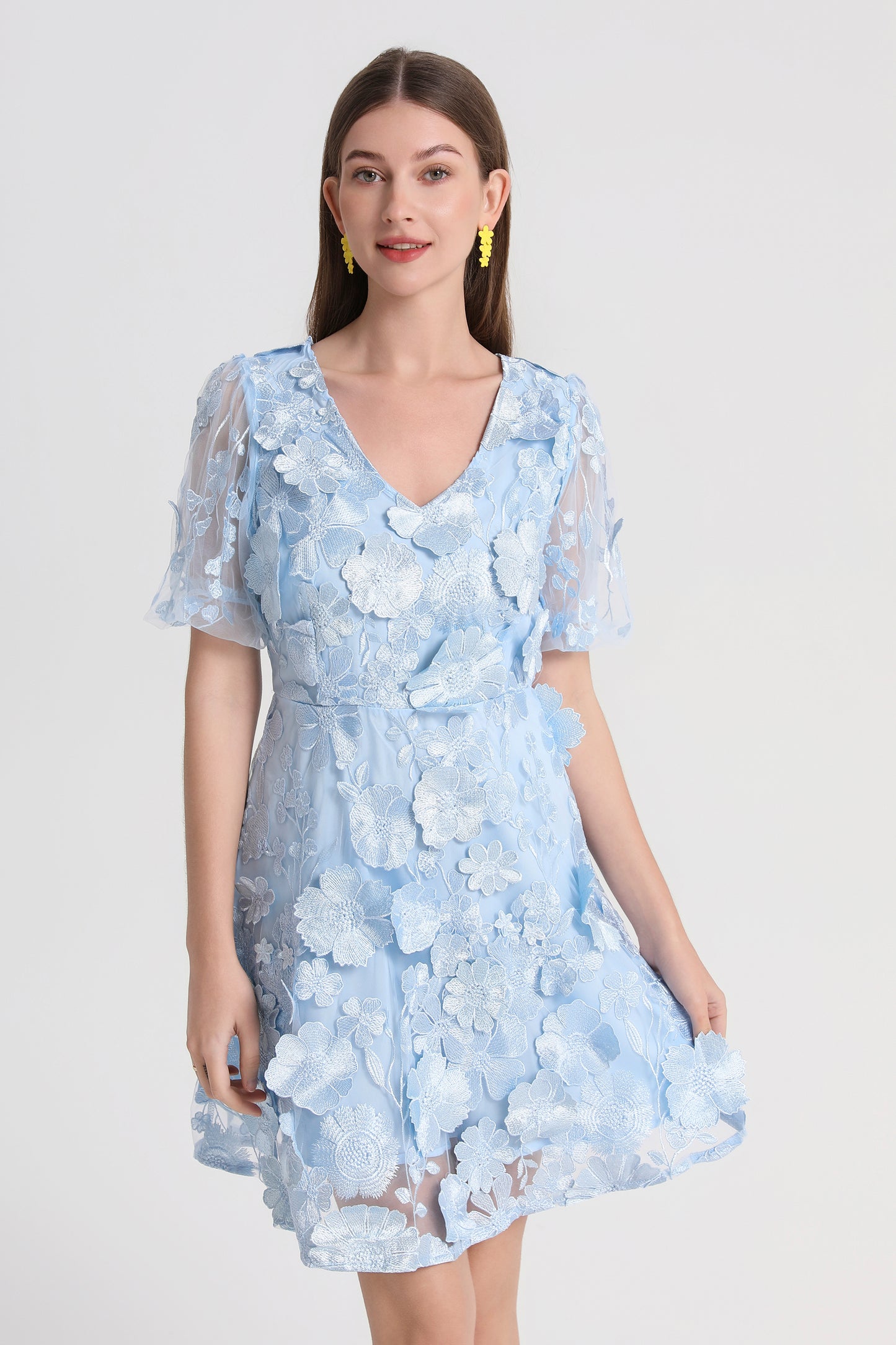 Women's 3D Floral V-Neck Lace Mesh Mini Dress