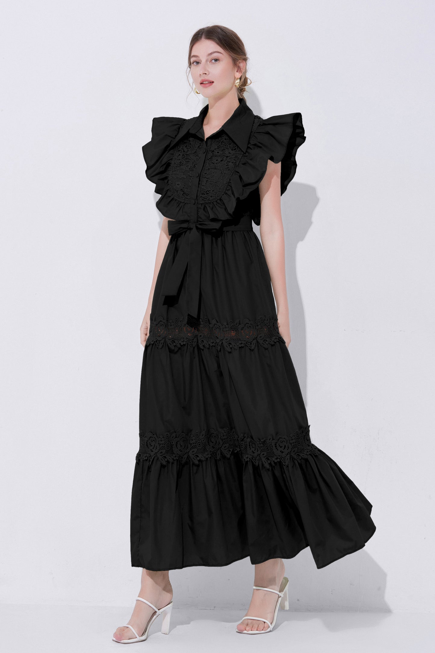 Women's Sleeveless Ruffles Lace Button  Mixi Dress