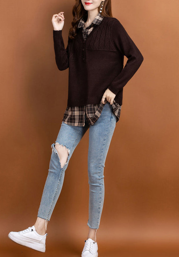 Women's V Neck Plaid Layered Look Knit Pullover Tops
