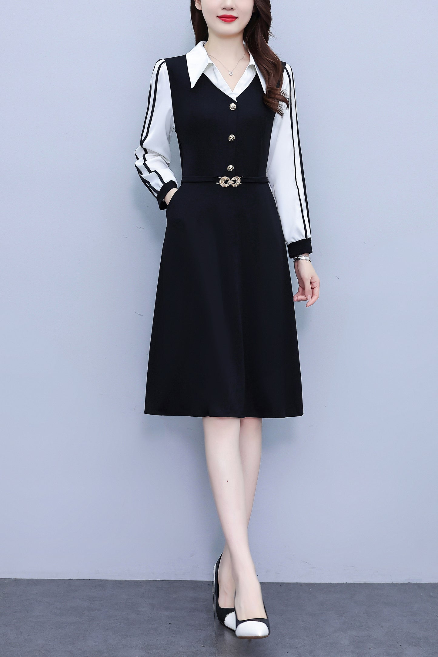 Women's V-Neck with Pockets Long Sleeve Black Dress