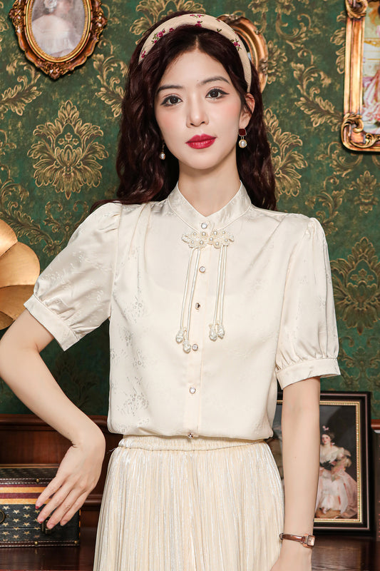 Women's Silk Satin Embroidery Jacquard Blouse Tops