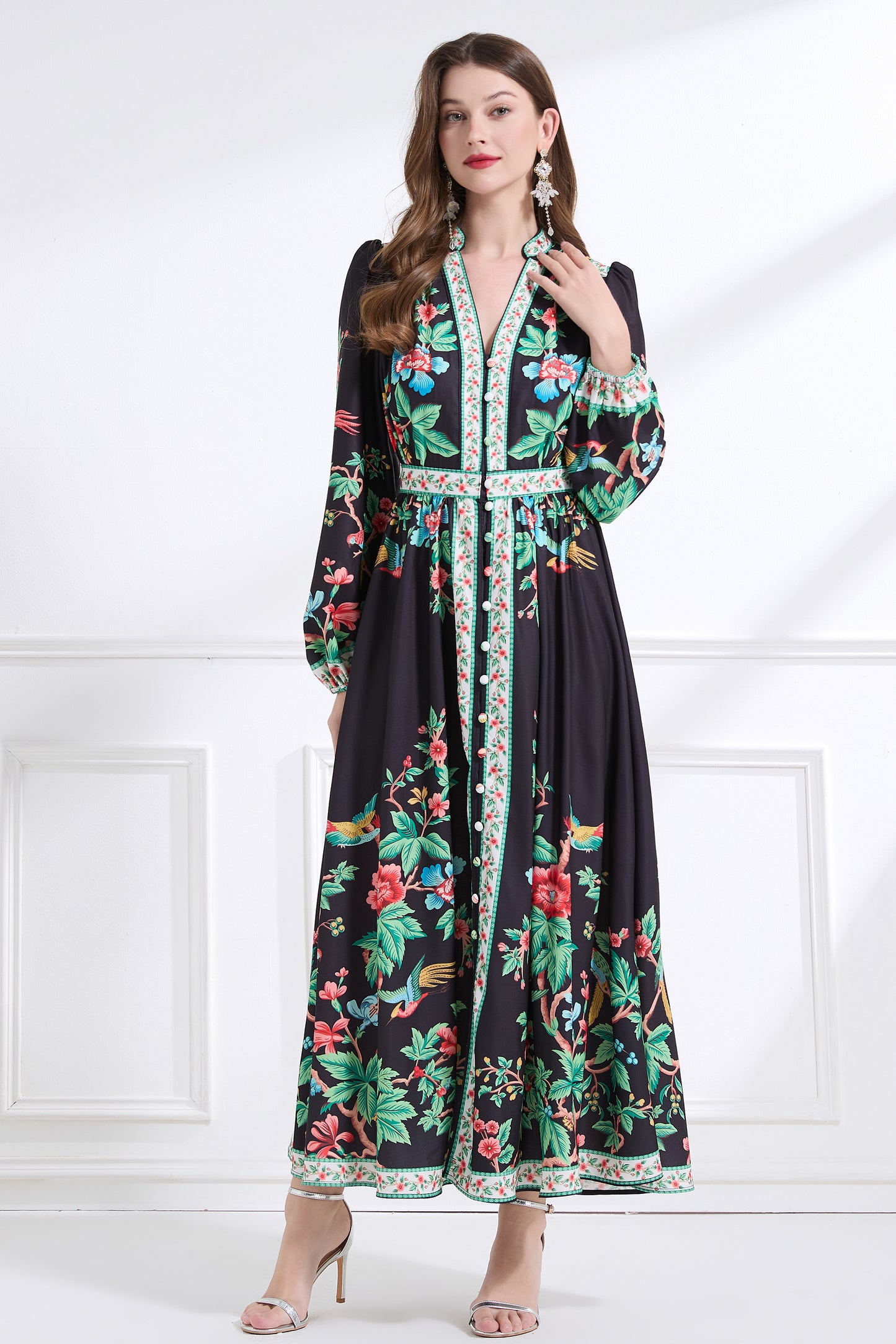 Women's Floral Print V-Neck Slit Maxi Dress