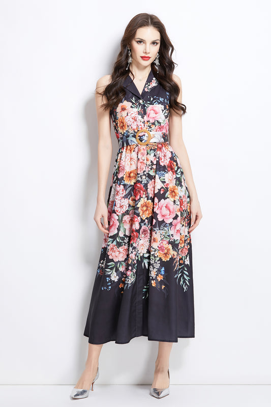 Women's Floral Print Sleeveless V Neck Maxi Dress