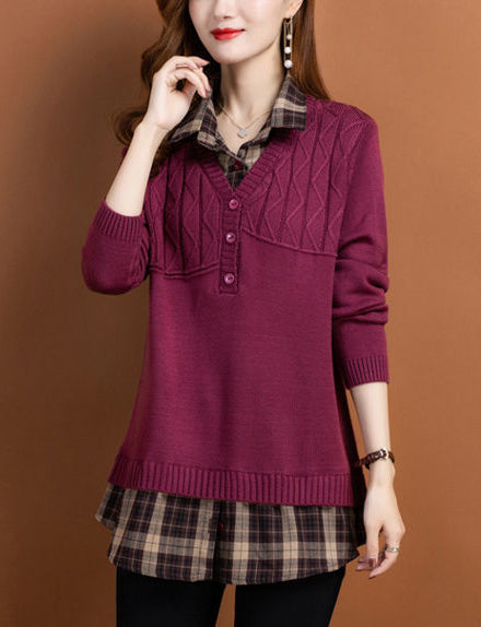 Women's V Neck Plaid Layered Look Knit Pullover Tops