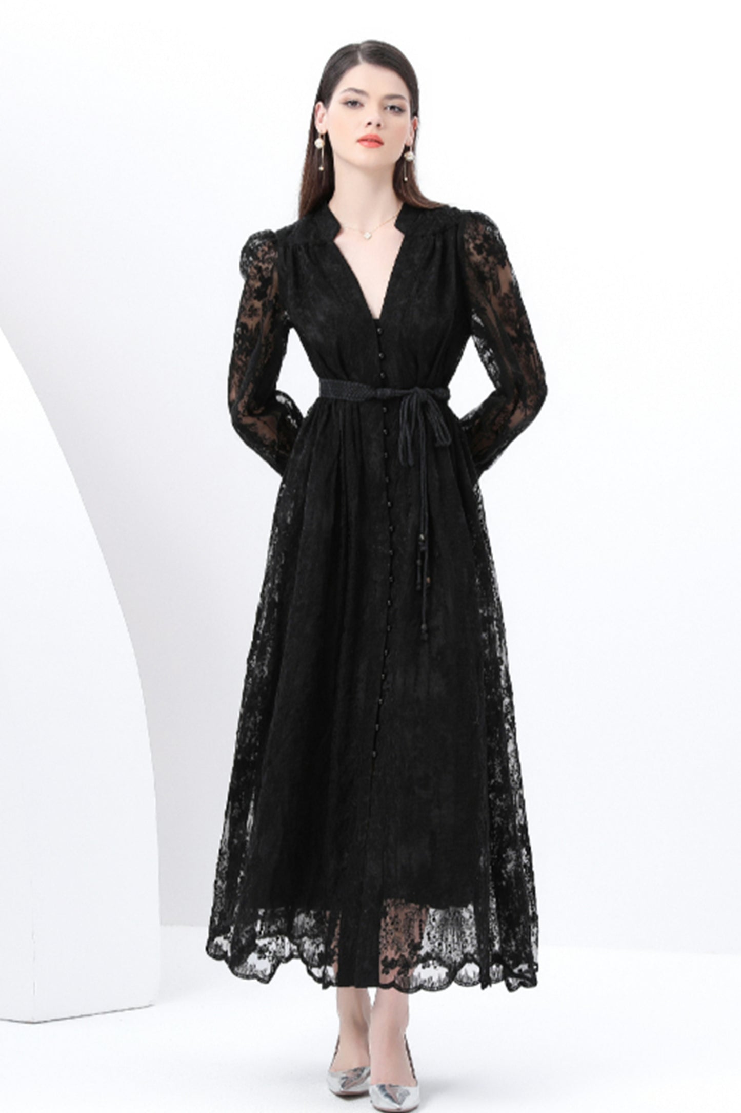 Women's V-Neck Lace Lantern Sleeve Mesh Maxi Dress